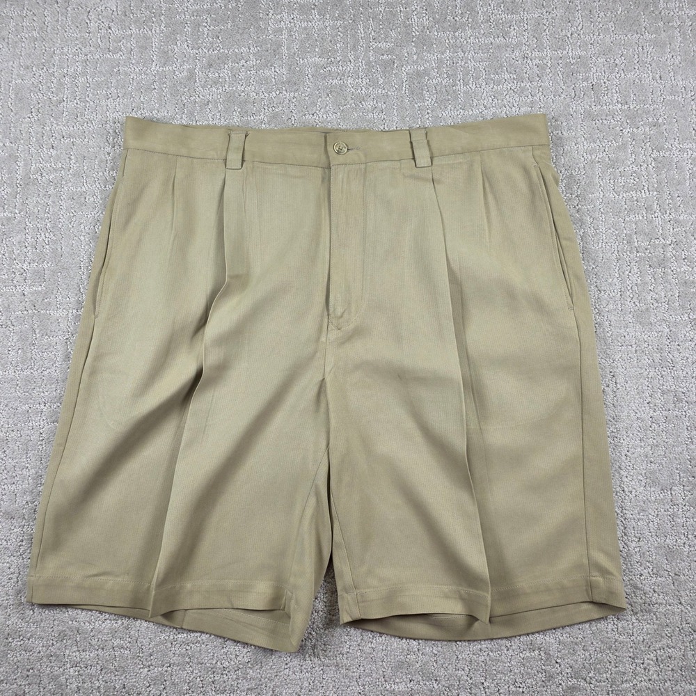 Tommy Bahama Mens 36 Tan 100% Silk Pleated Chino Shorts Khaki Island Life Resort